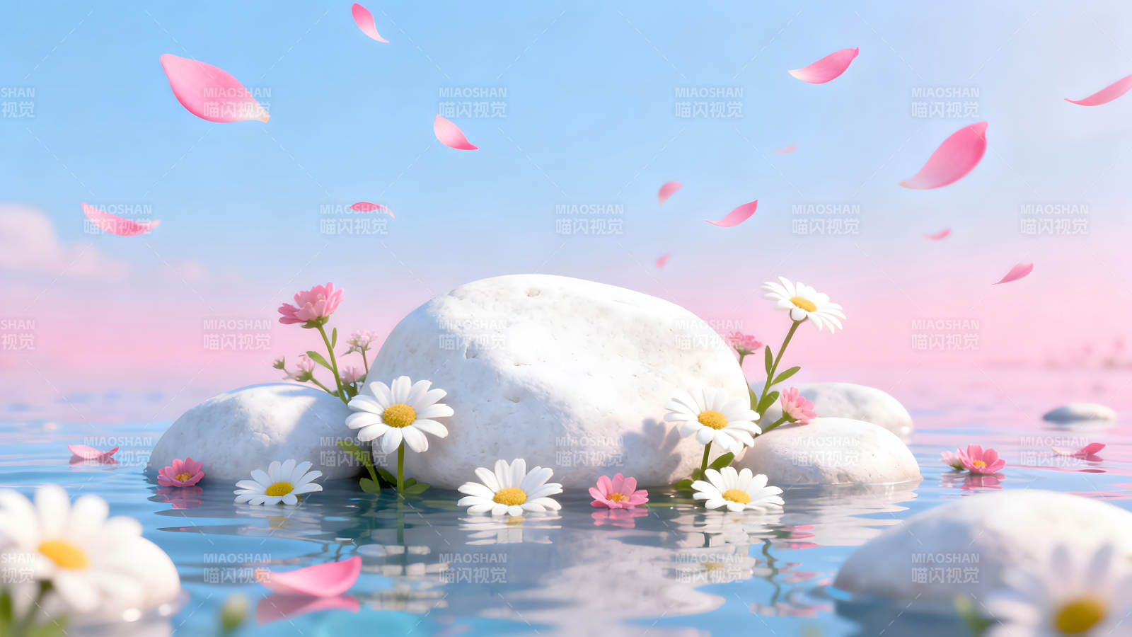 粉色花瓣漂浮水面唯美浪漫意境图片