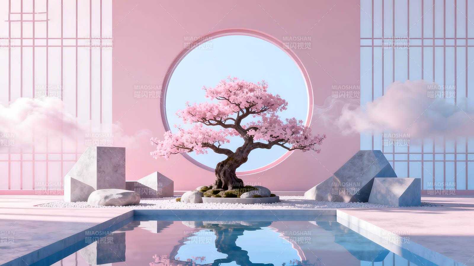 粉色禅意庭院樱花树宁静唯美图片