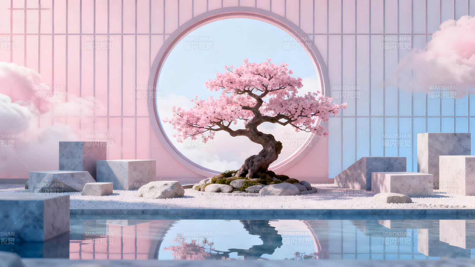 粉色樱花盆景和水池景观图片