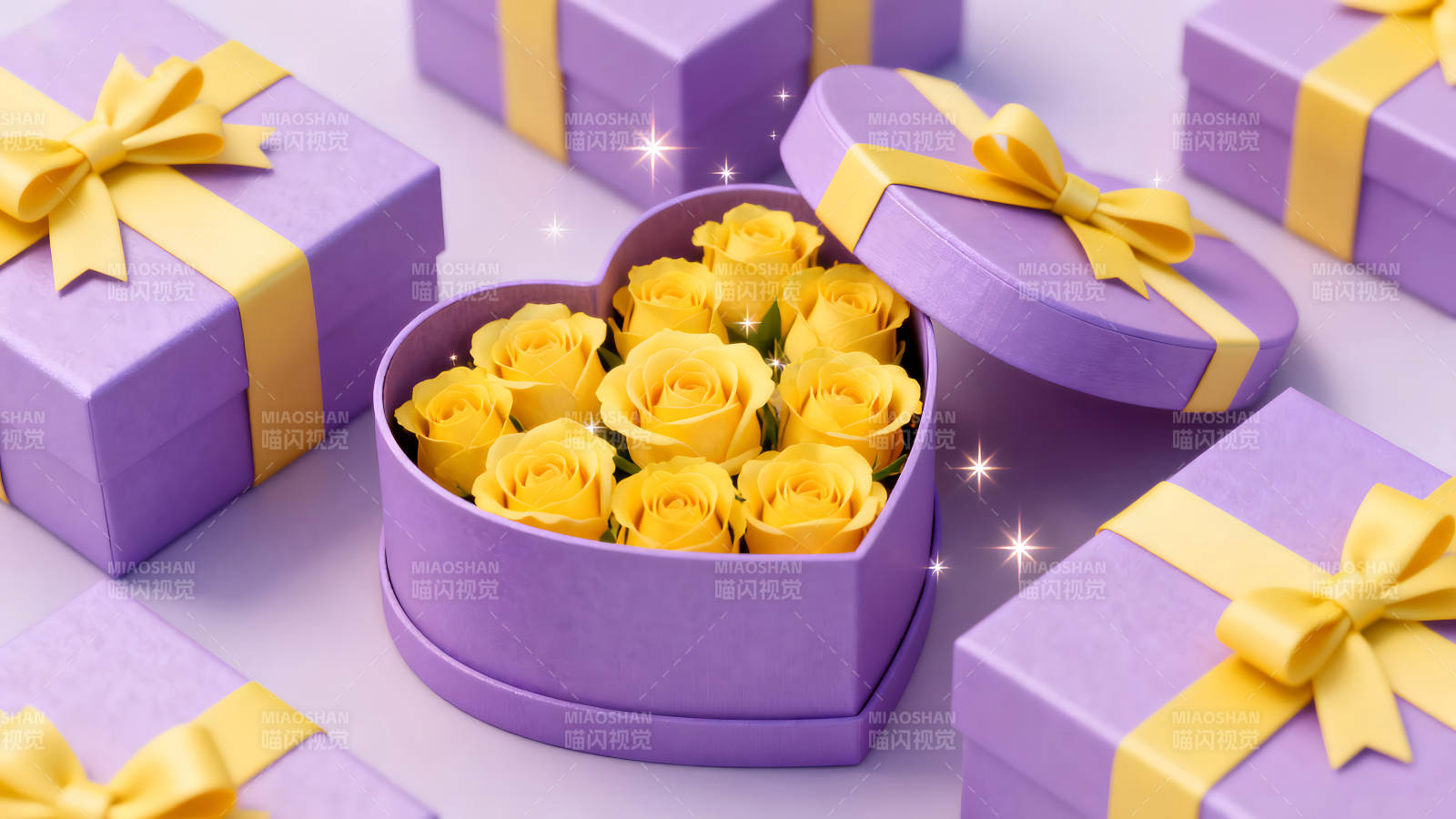 心形礼盒与黄色玫瑰花紫色礼物盒图片