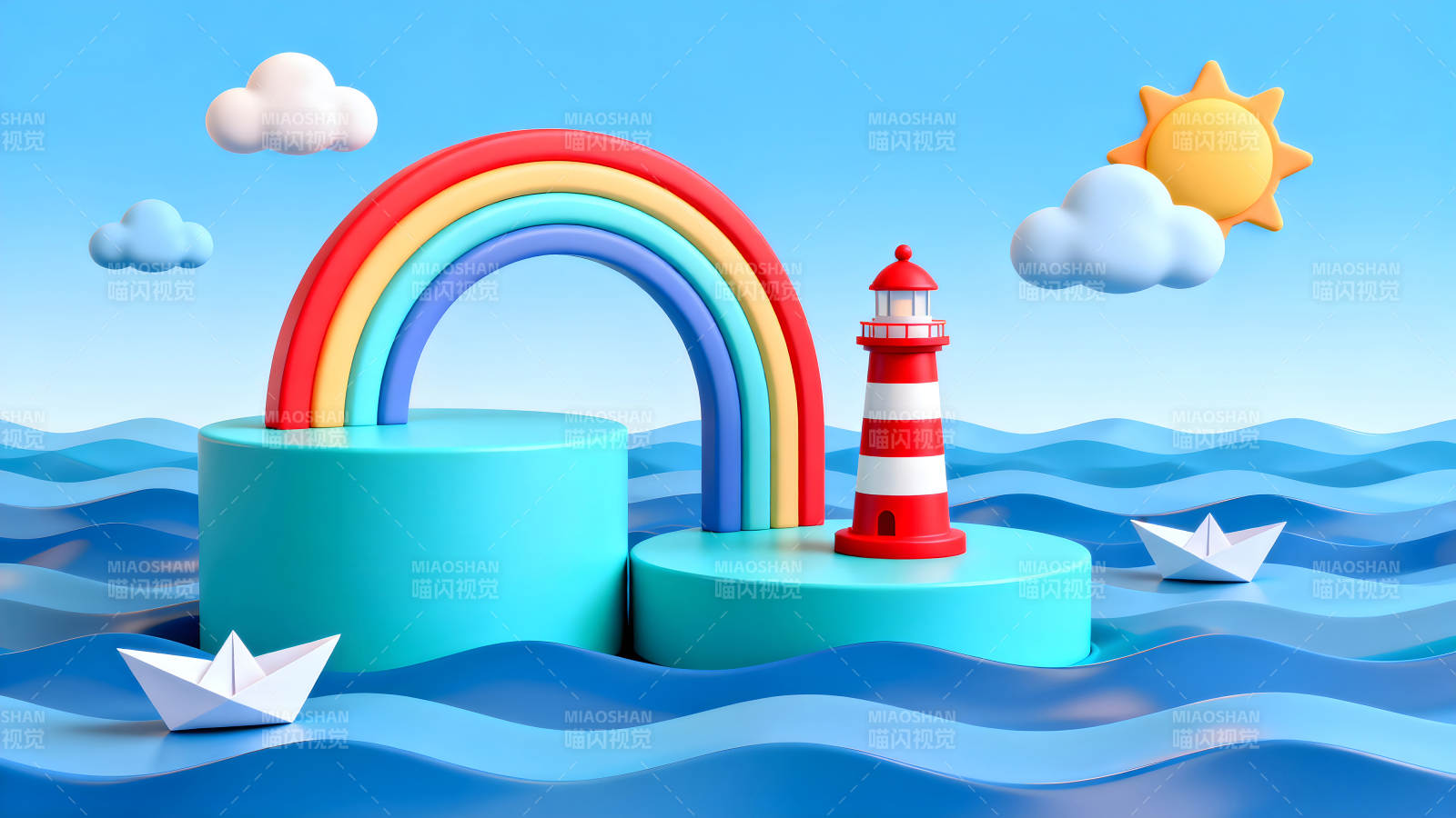 海面彩虹灯塔和纸船图片
