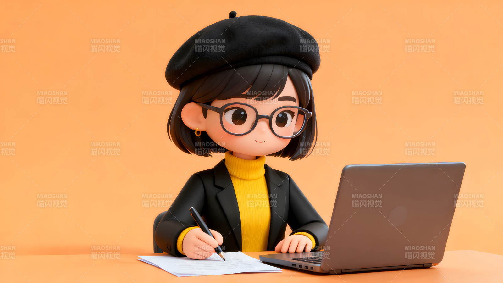 卡通人物工作场景笔记本写作图片