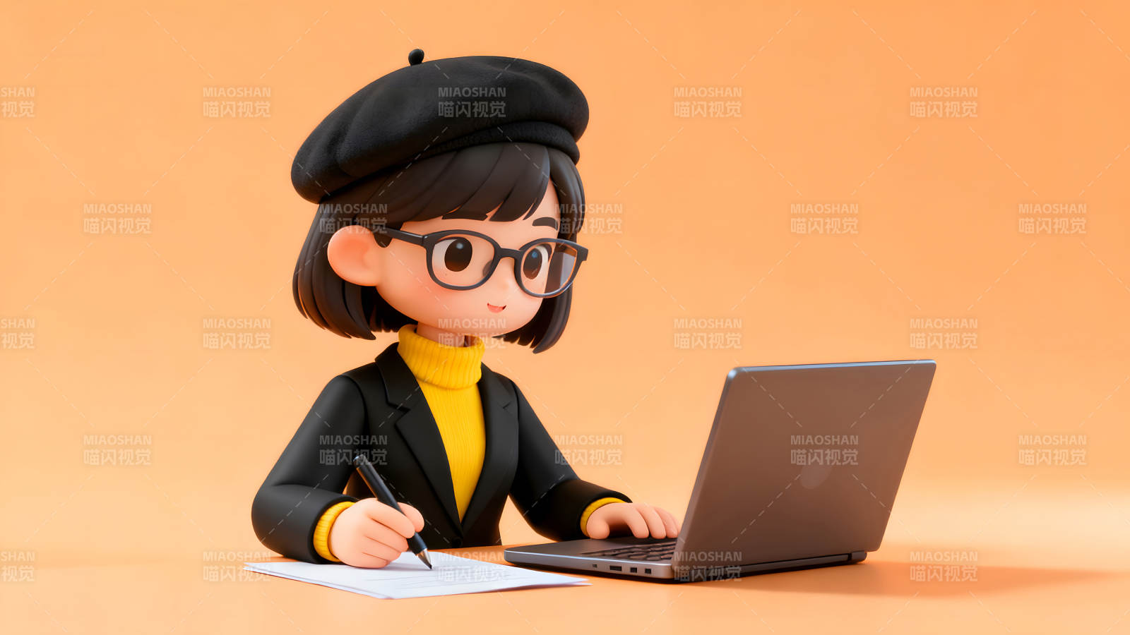 卡通人物写作与使用笔记本电脑图片