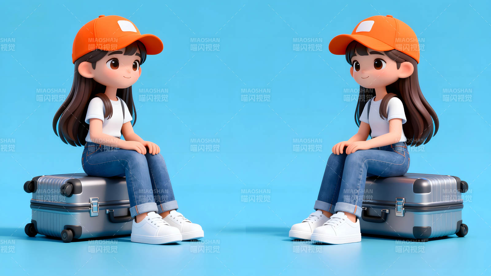 两个女孩坐在行李箱上图片