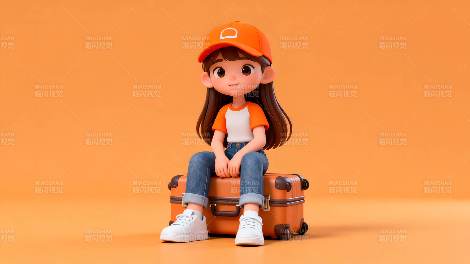 卡通女孩坐行李箱图片