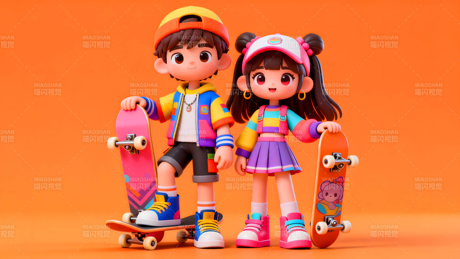 卡通人物滑板合影亮眼橙色背景图片