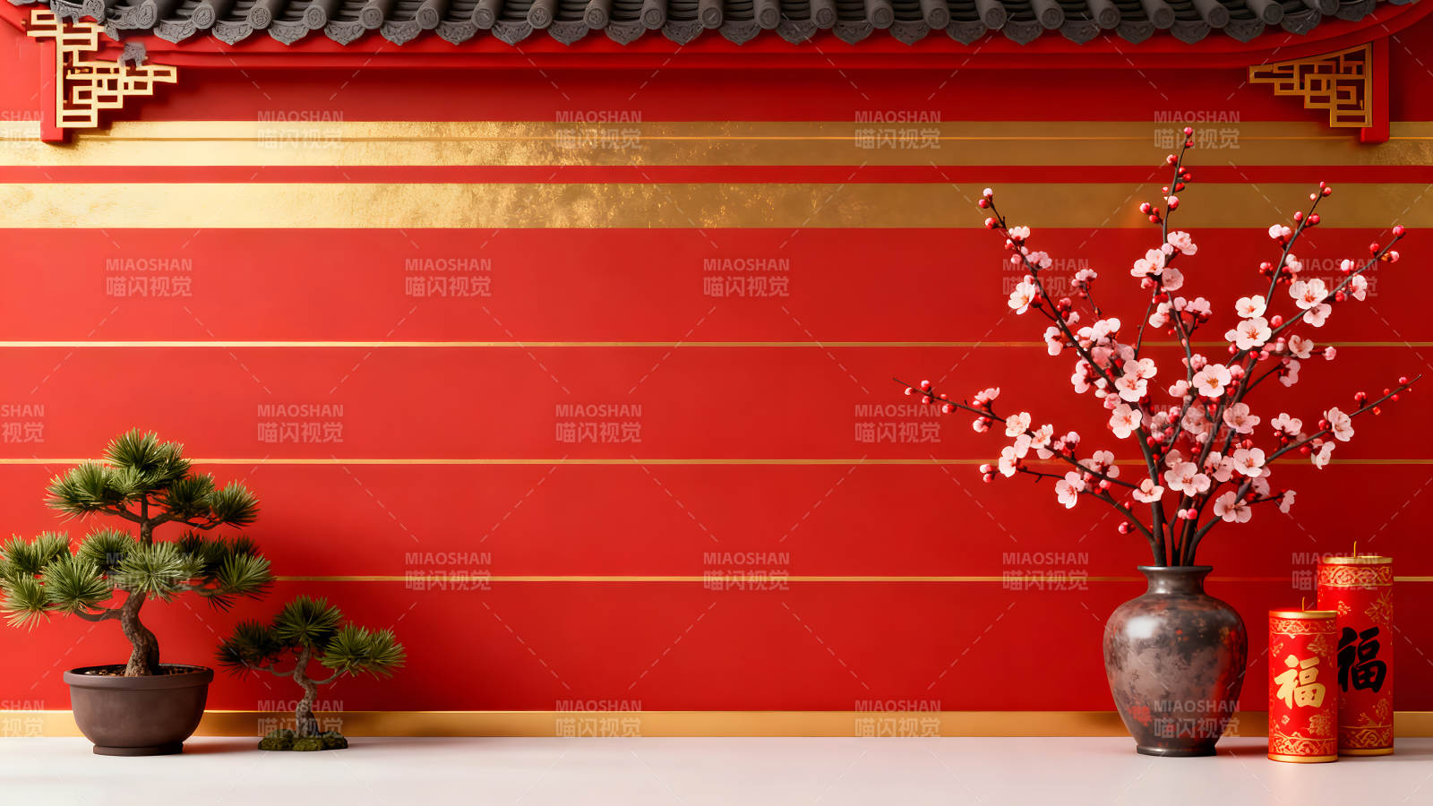 春节装饰红墙梅花盆栽图片