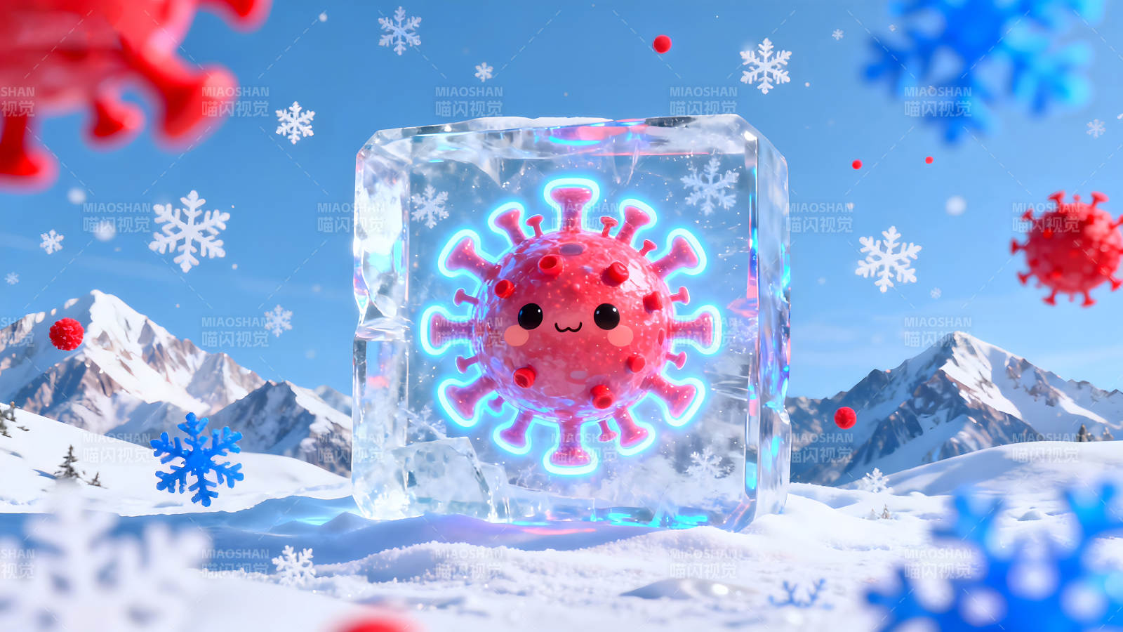 病毒被冰冻在雪山中圣诞节氛围图片