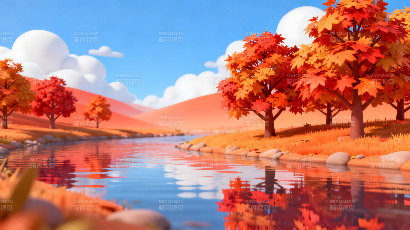 秋日童话河水流淌红叶点缀图片