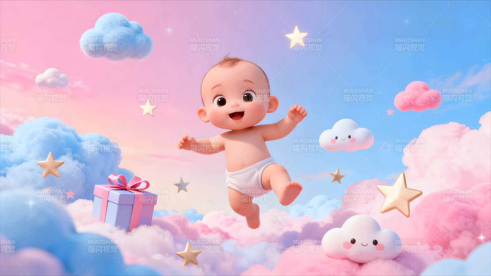 婴儿在云朵中飞翔画面梦幻可爱图片