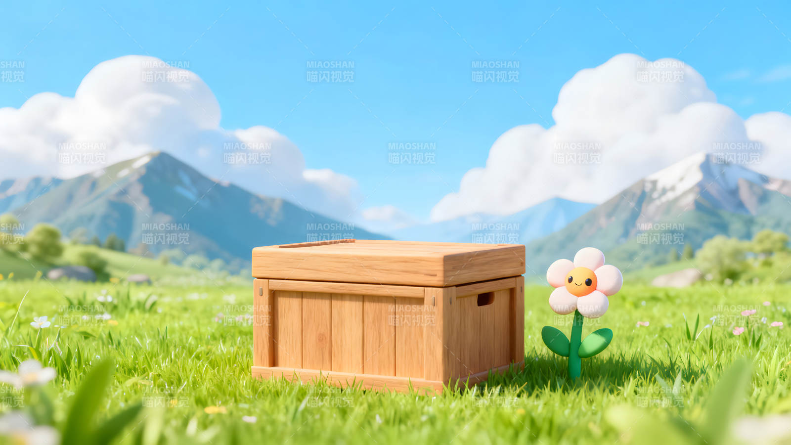 草地木箱和卡通花朵图片