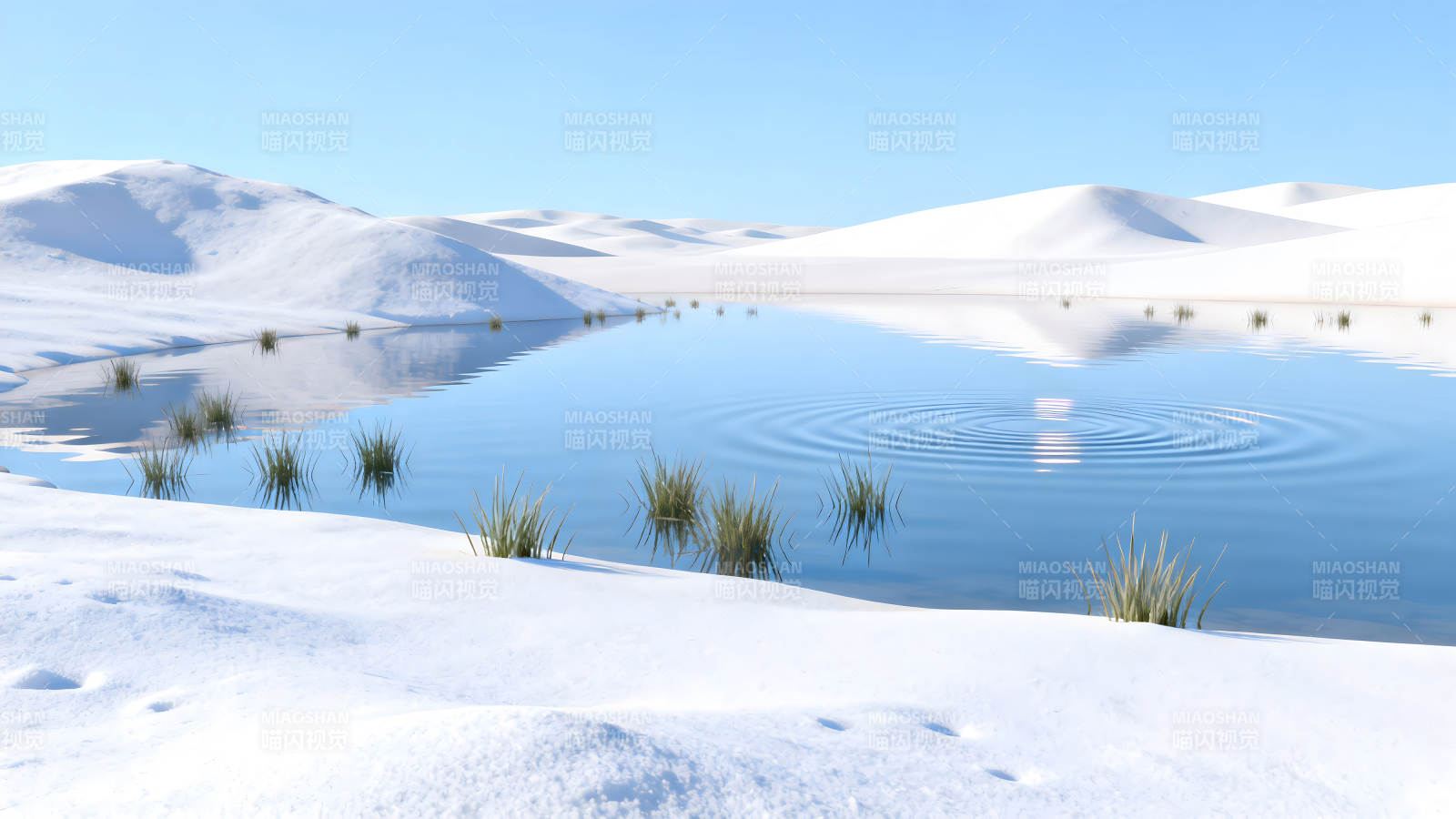 雪山环绕平静湖泊景象图片