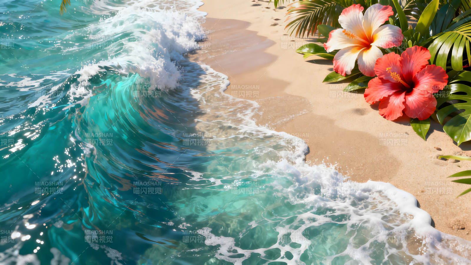 海浪沙滩鲜花椰树的唯美景象图片