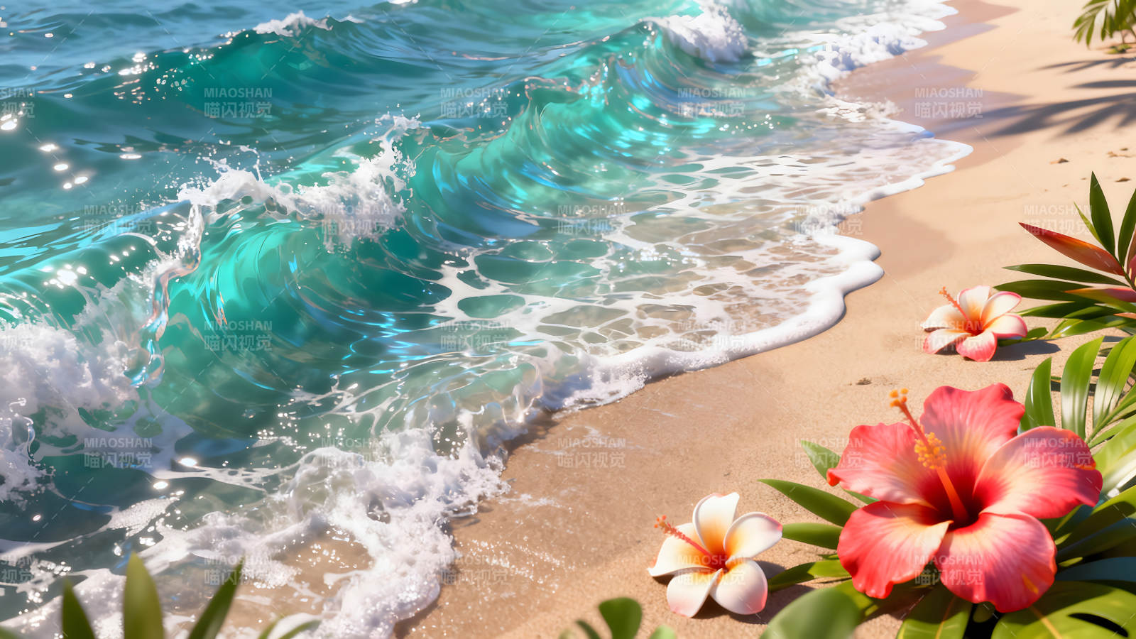 碧海沙滩浪花朵朵生机盎然图片