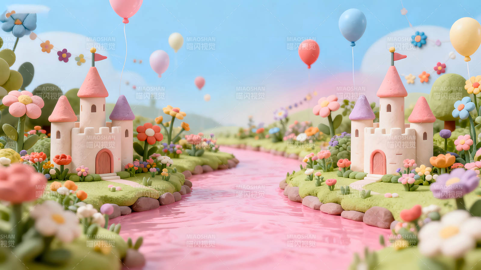 梦幻童话城堡粉色河流景象图片
