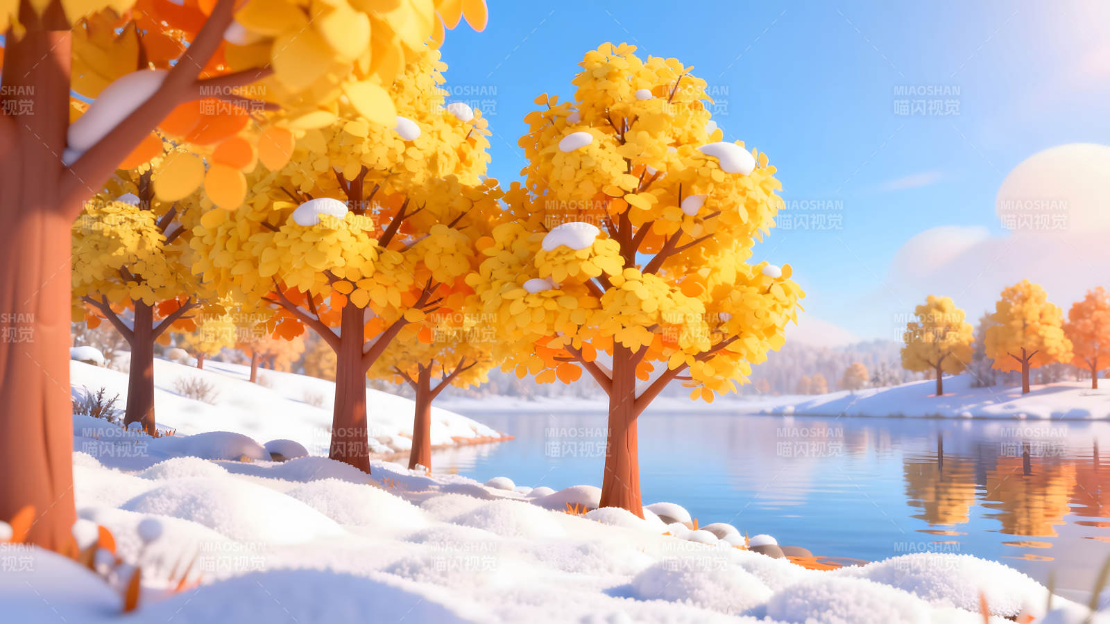 冬日雪景黄叶树湖泊图片