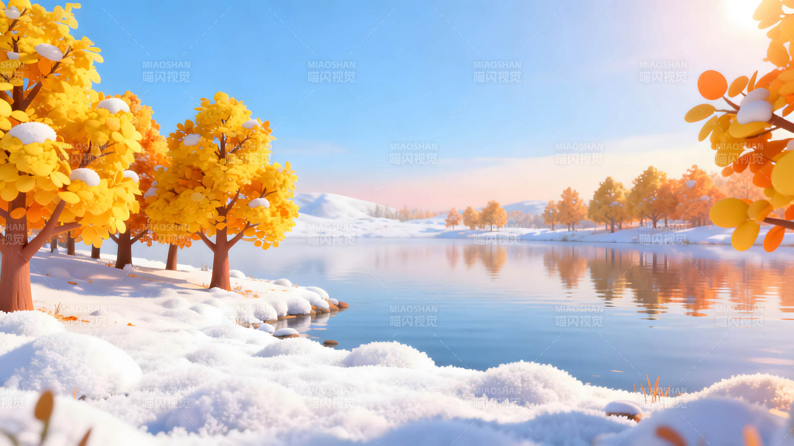 冬日湖畔风景画金黄树木雪地倒影图片