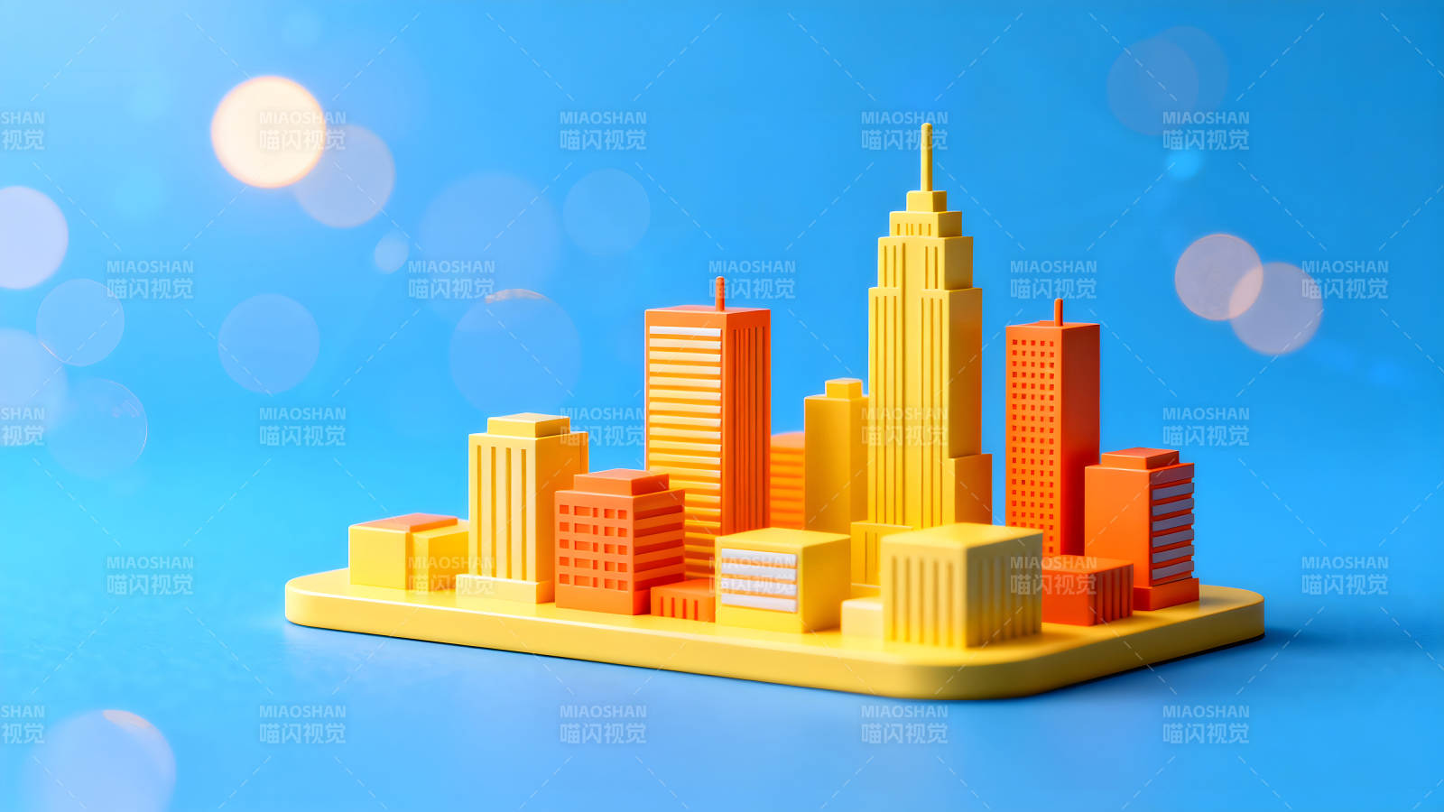 卡通城市建筑模型蓝天背景图片