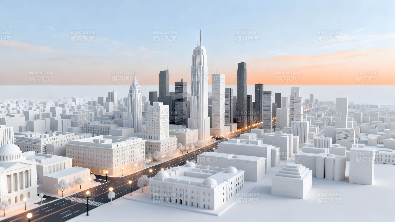 城市建筑模型呈现日落美景图片