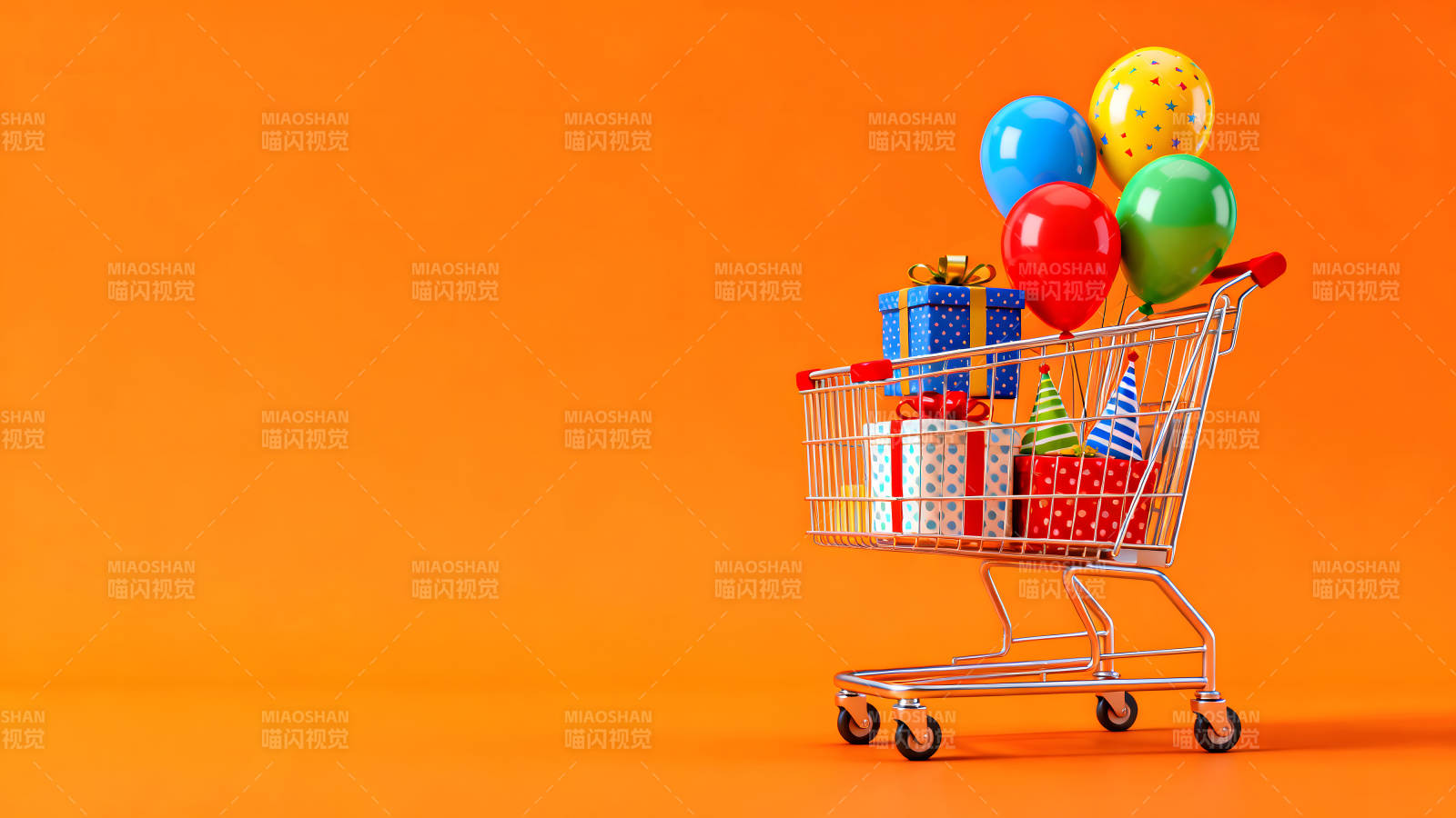 购物车与礼物气球橙色背景图片