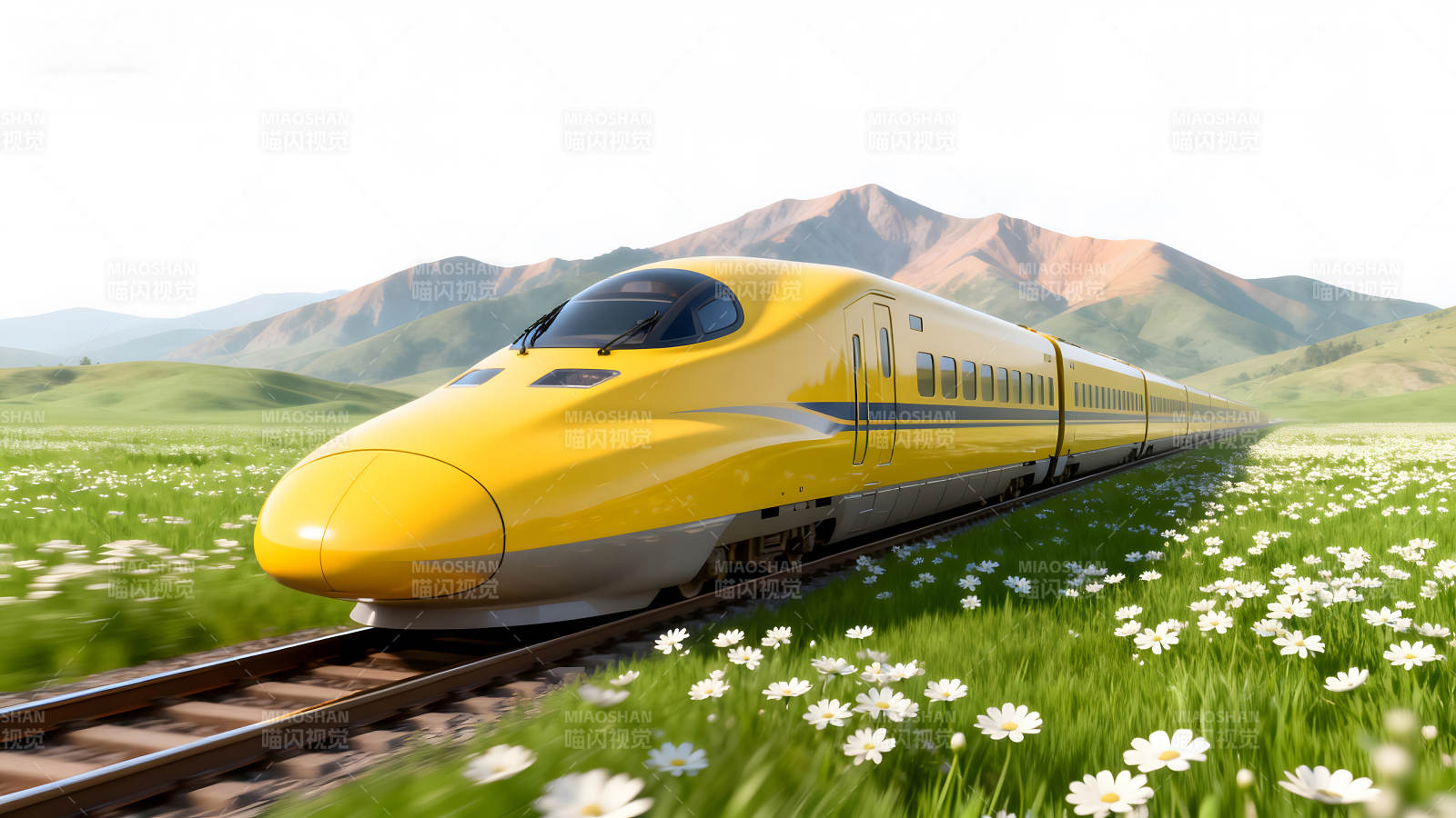 黄色高铁穿过绿野仙踪图片