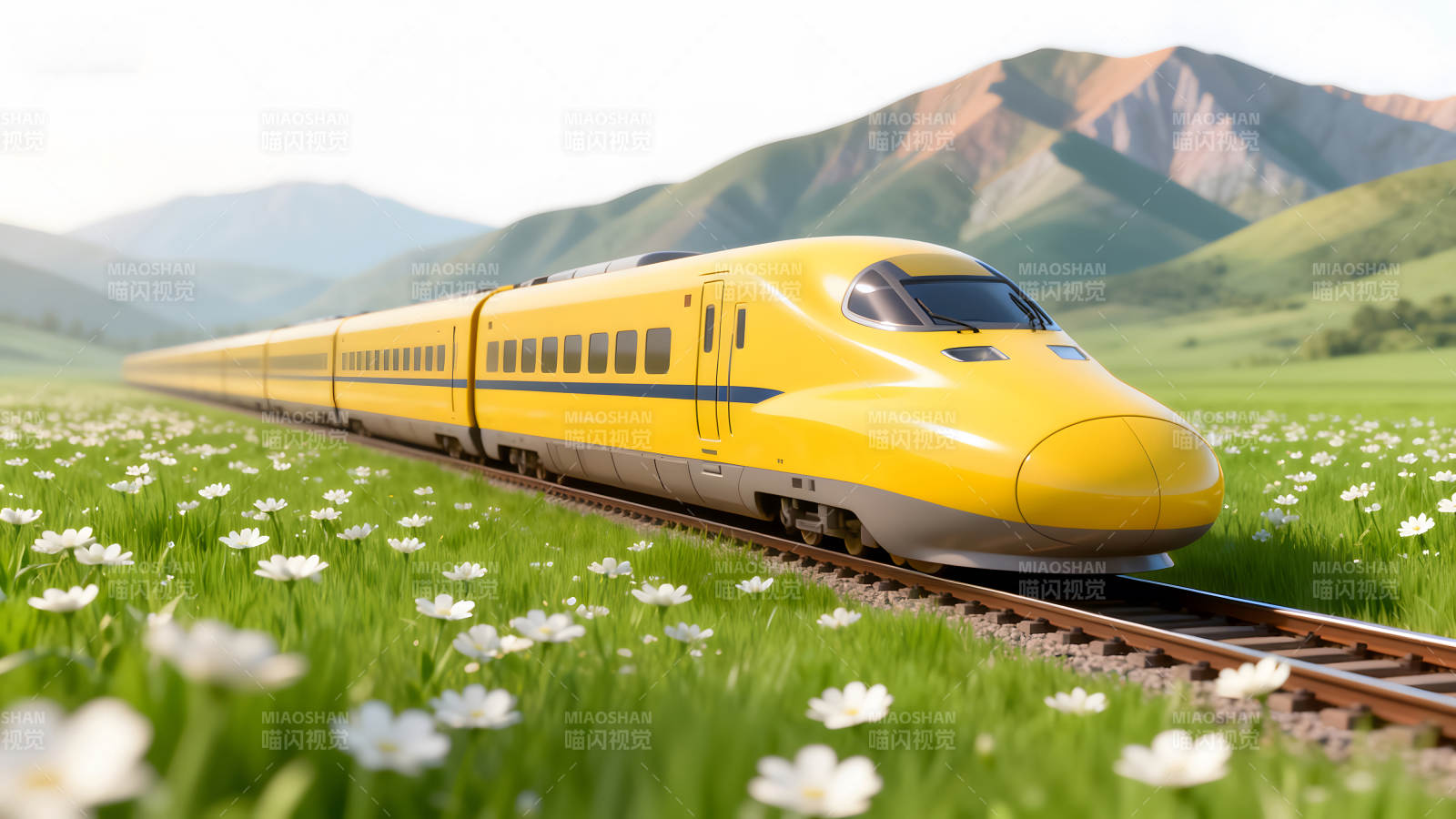 黄色列车行驶在原野上图片