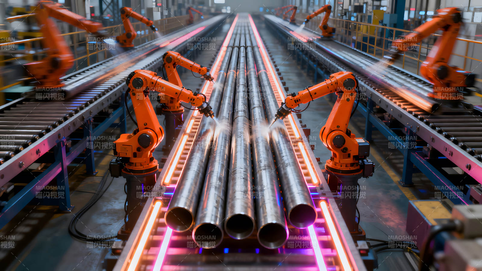 工厂流水线上的机器人焊接管道图片