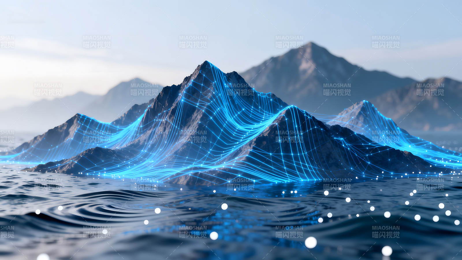 数字山峦蓝色光线水面涟漪图片