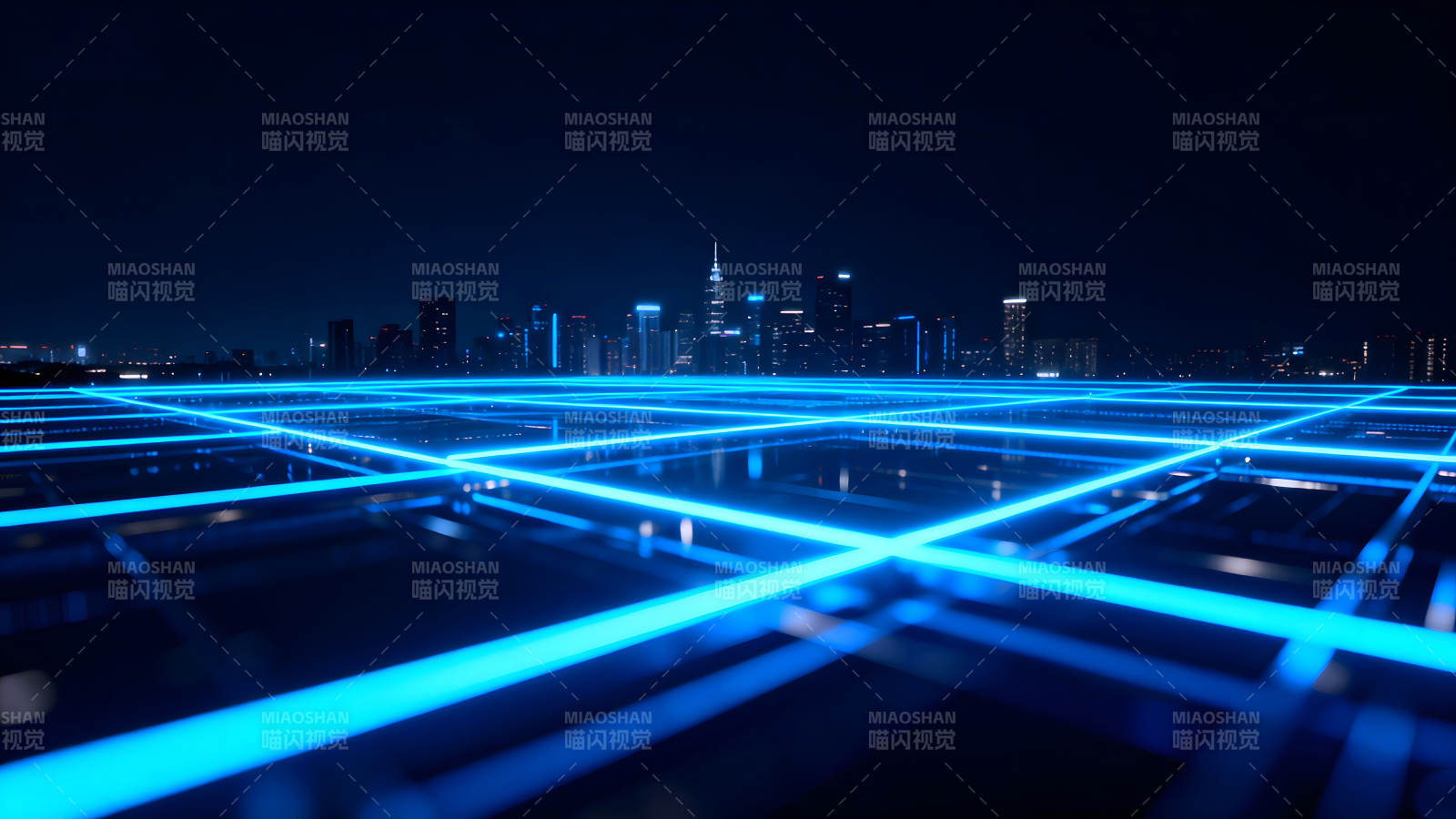 未来城市夜景与发光线条图片