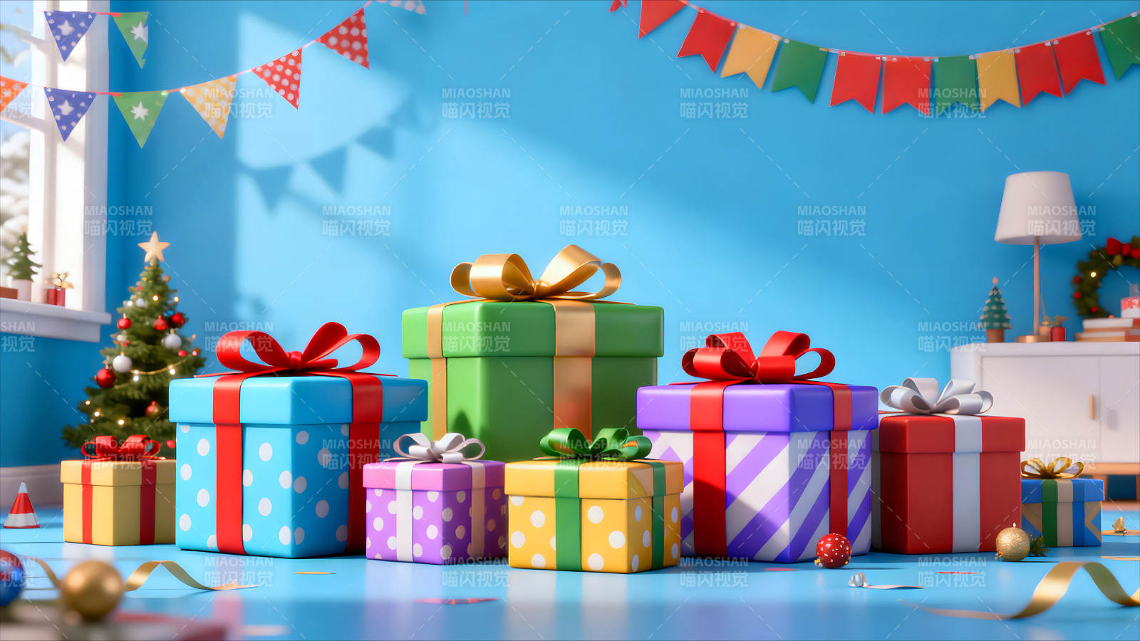节日礼物摆设蓝色背景装饰图片