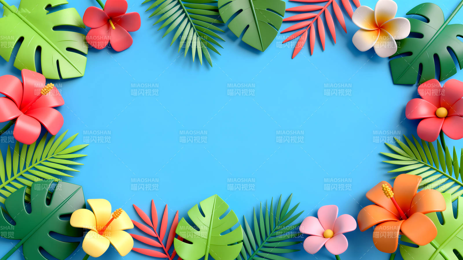 热带风光花叶装饰蓝色背景图片