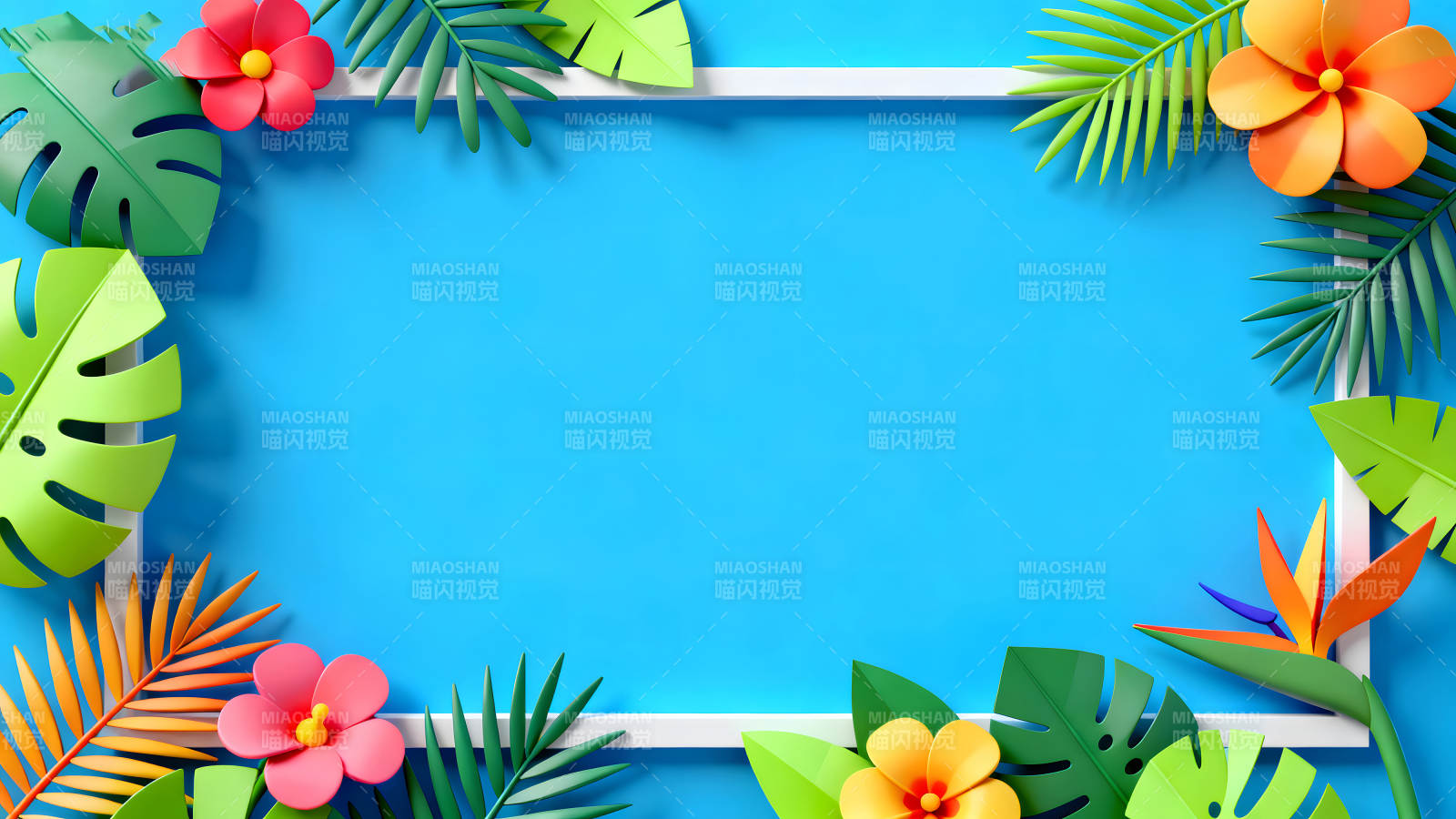 夏日主题背景装饰蓝框鲜花绿植图片