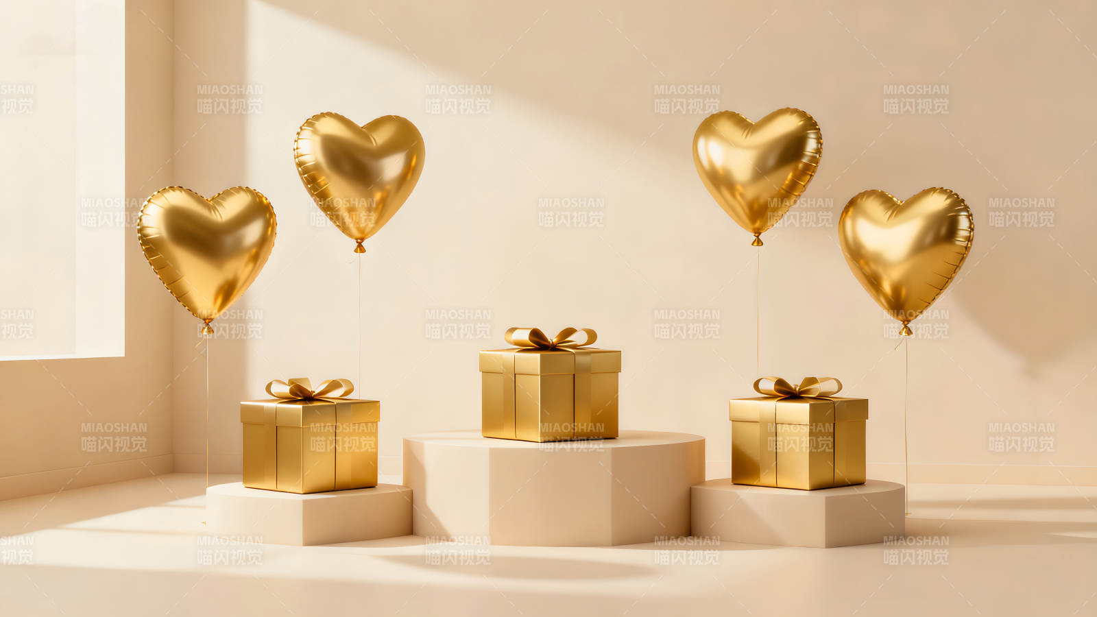 金色礼盒与爱心气球的庆祝场景图片