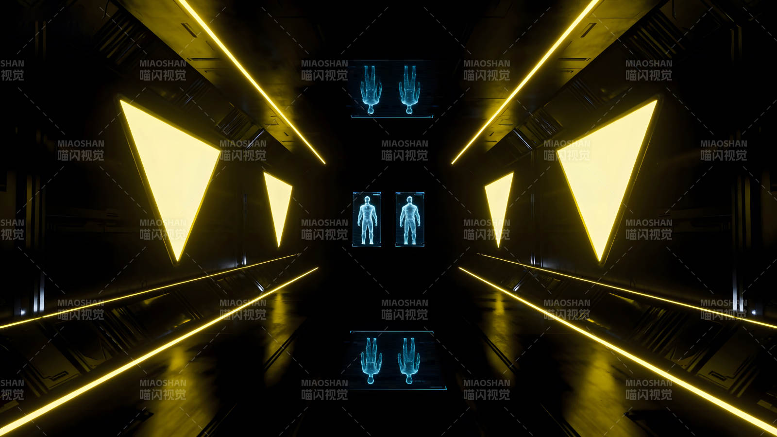 科幻风格走廊里的蓝色人体扫描图片