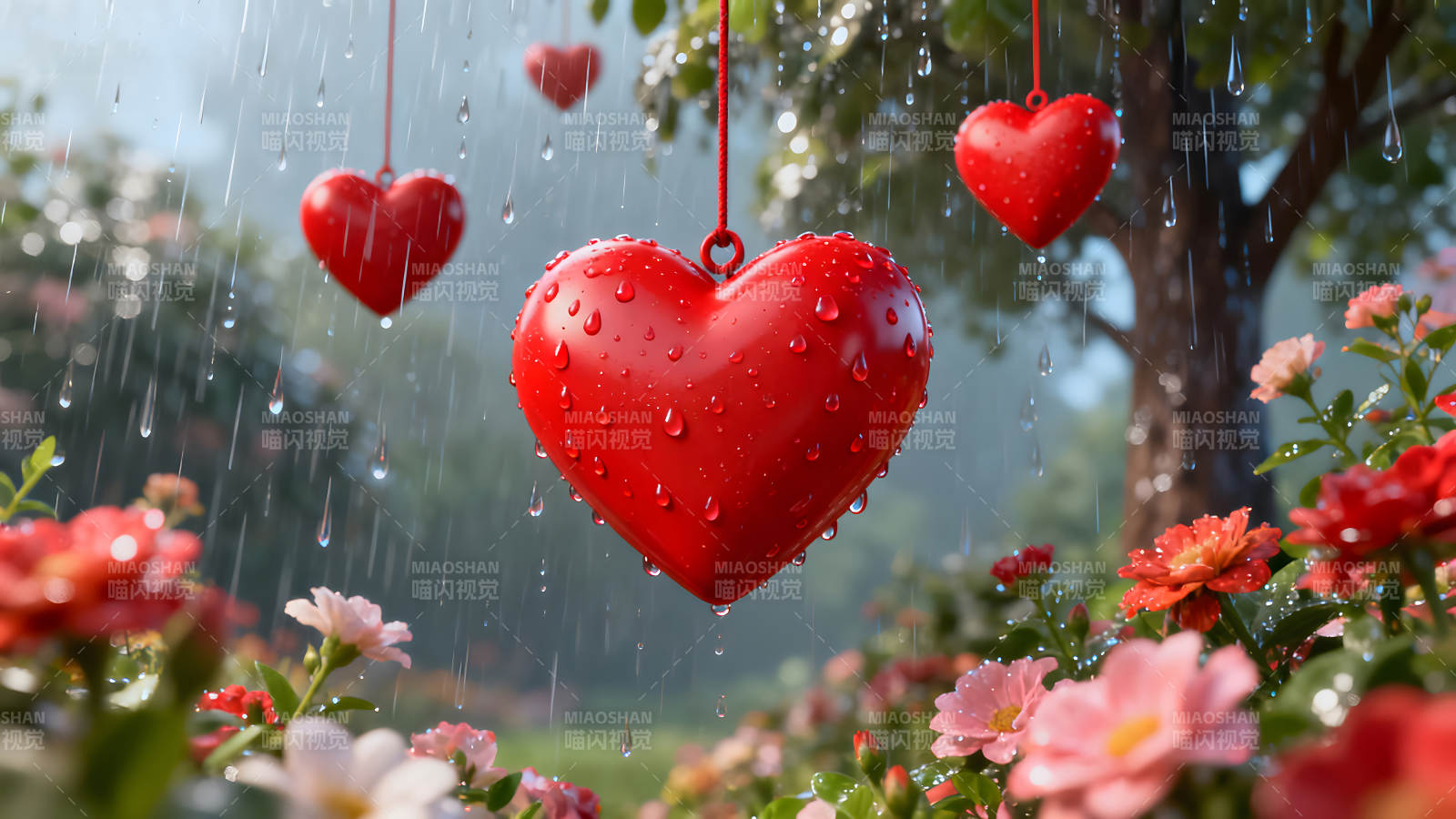 雨中悬挂的心形装饰鲜花点缀图片