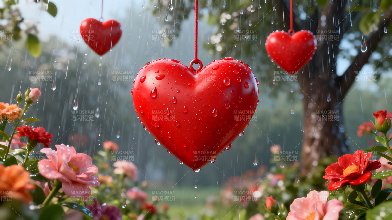 雨中红心花园唯美意境图片