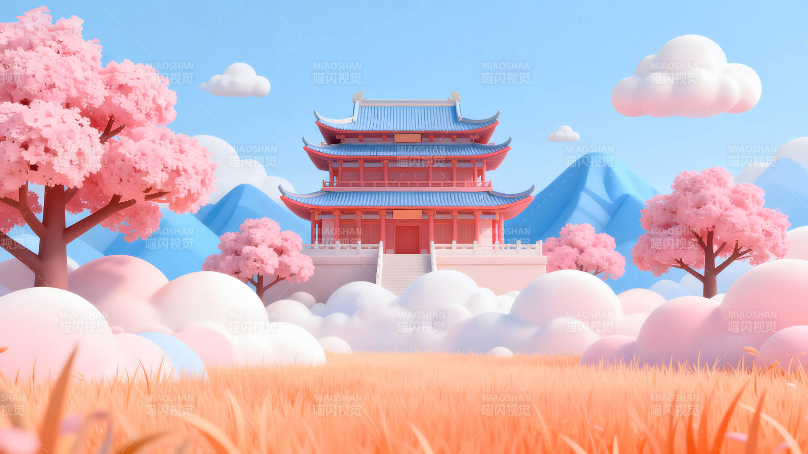 粉色建筑与樱花仙境般的景色图片