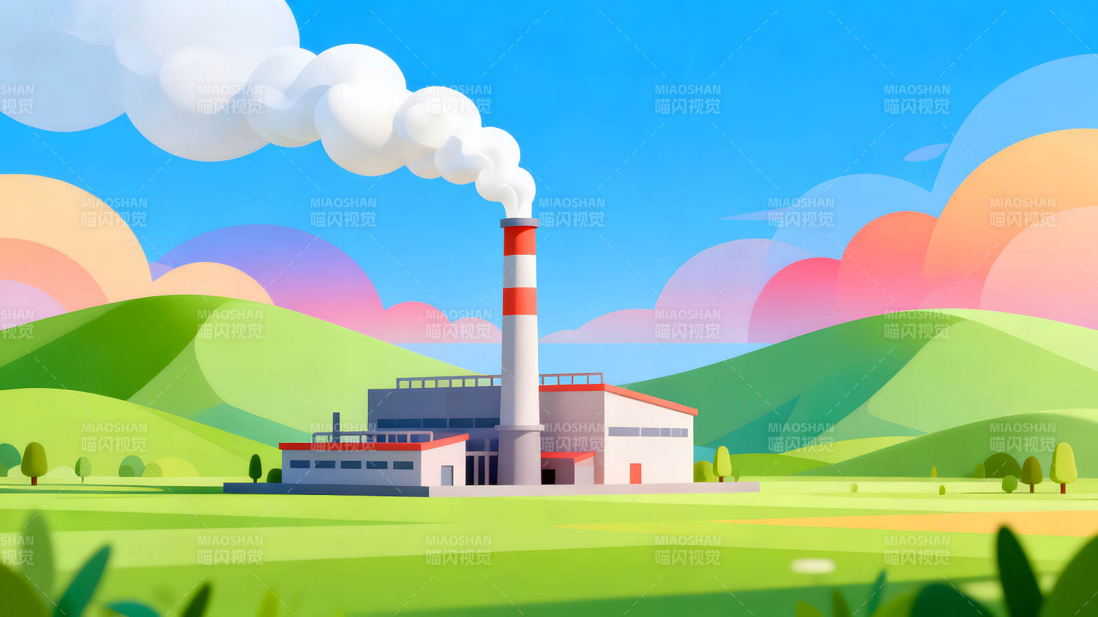 工厂冒烟污染环境的卡通图景图片