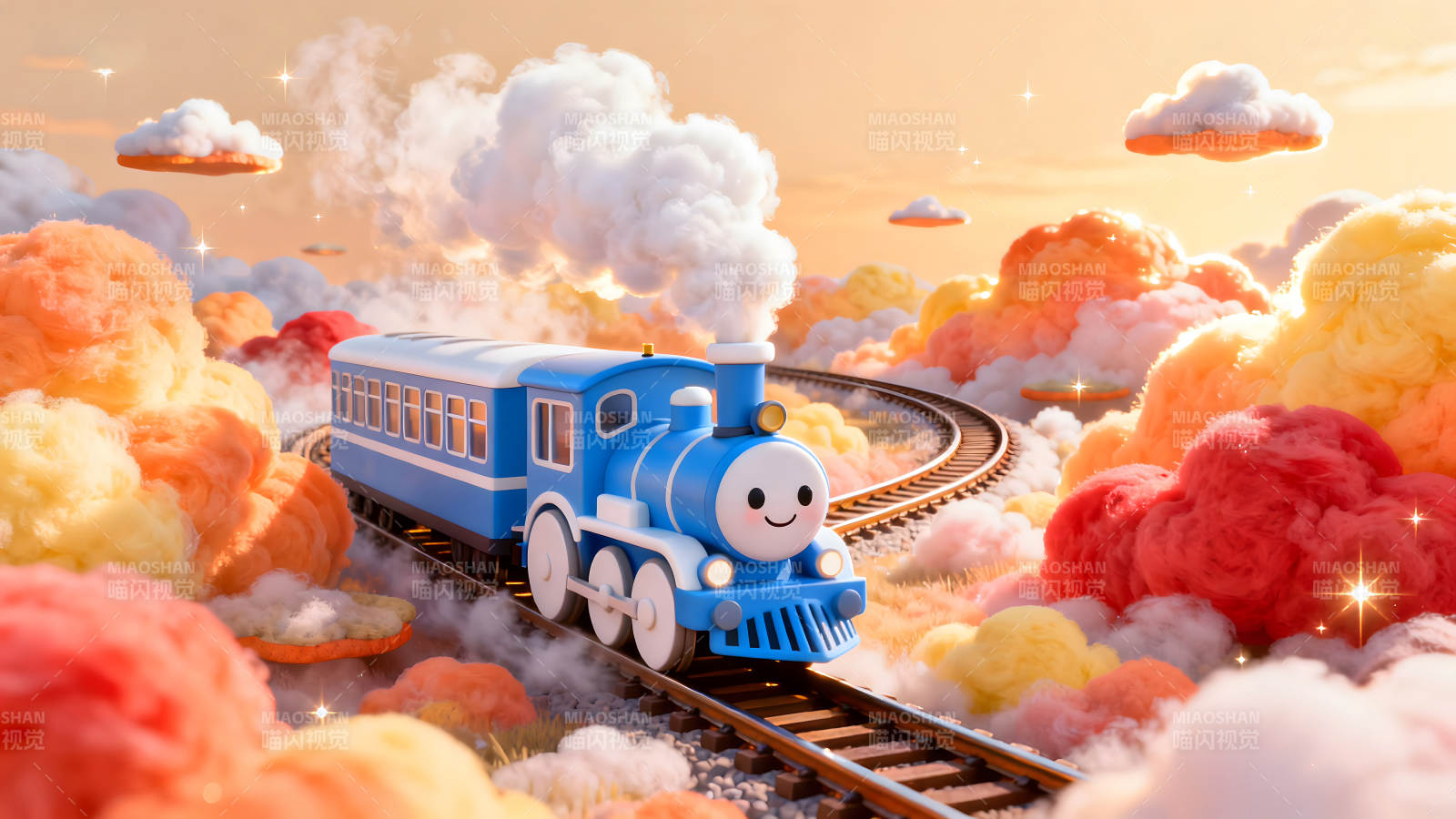 卡通小火车在云彩中穿行图片