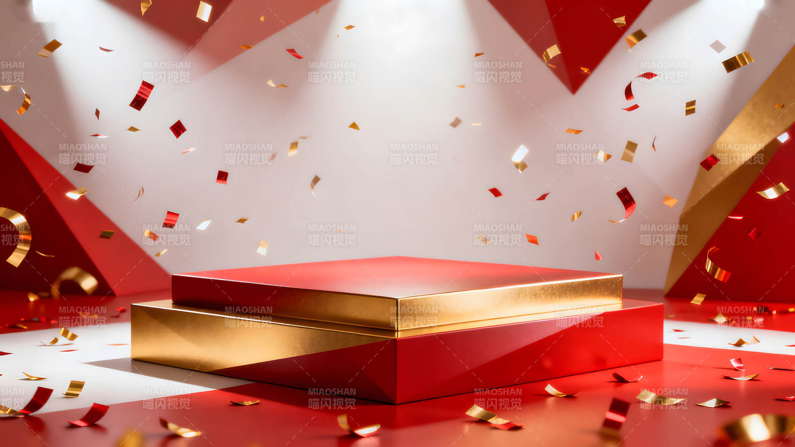 舞台红金背景与彩带飞舞图片