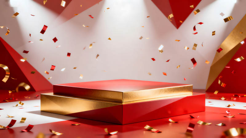 舞台红金背景与彩带飞舞图片