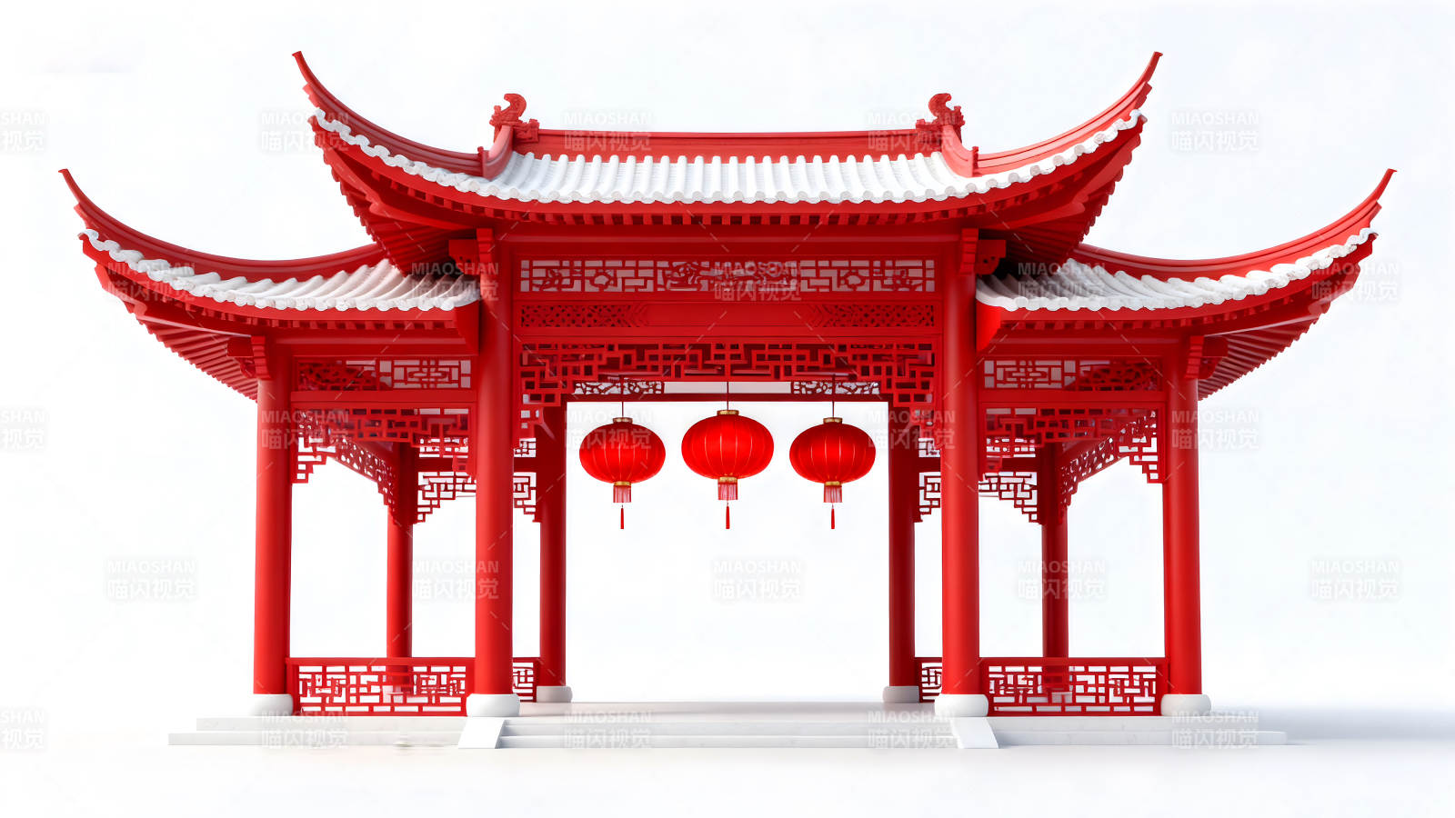 红色亭子悬挂红灯笼图片