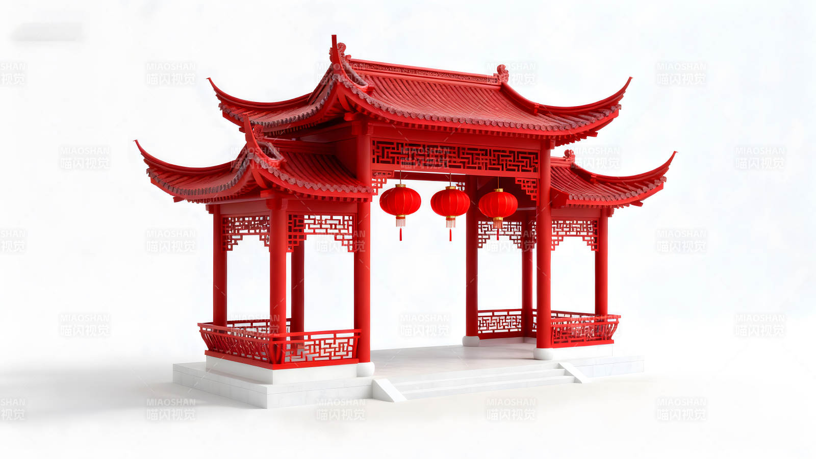 中国古典红亭子悬挂红灯笼图片