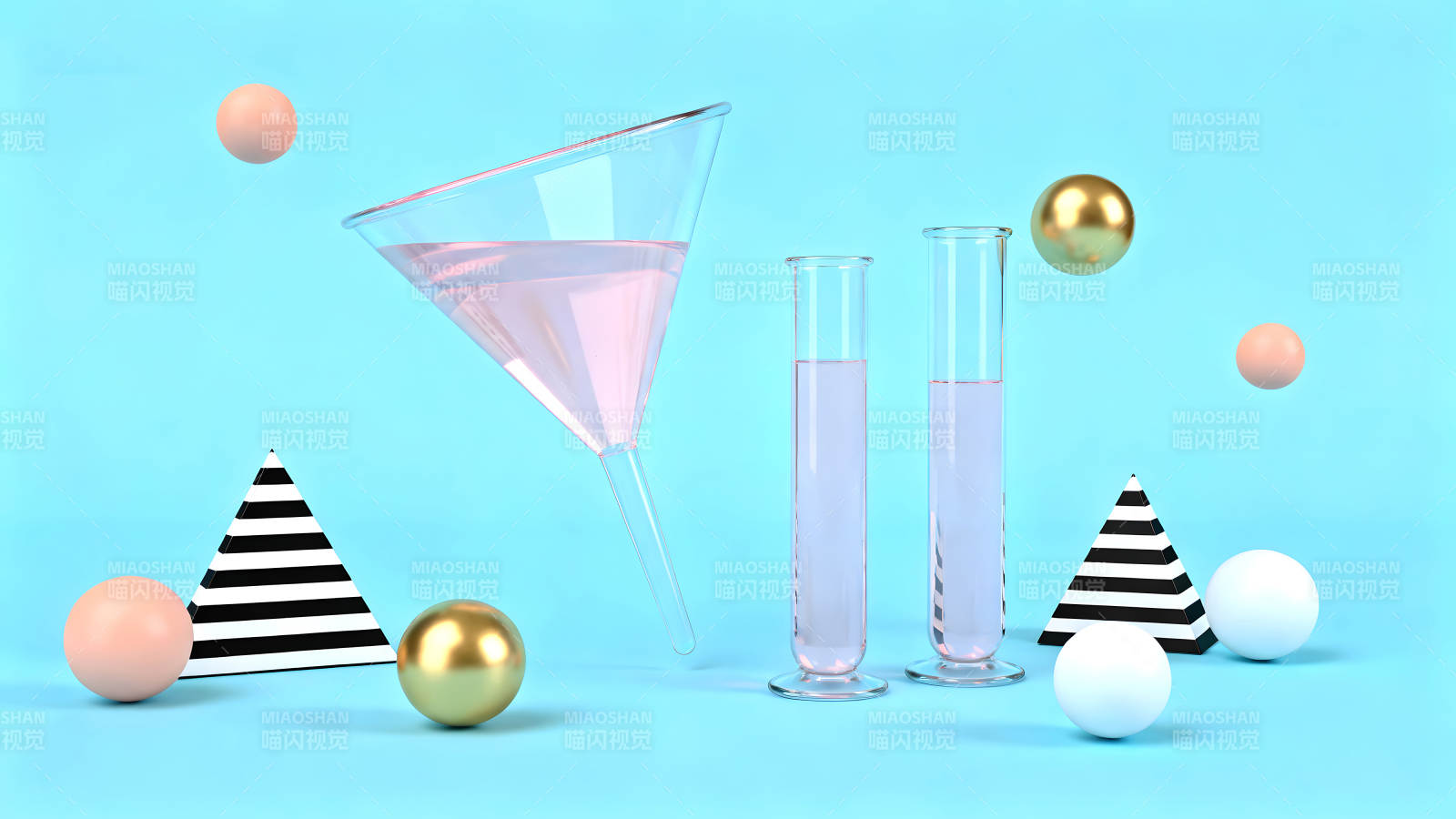 化学实验场景设计粉色液体与几何体图片