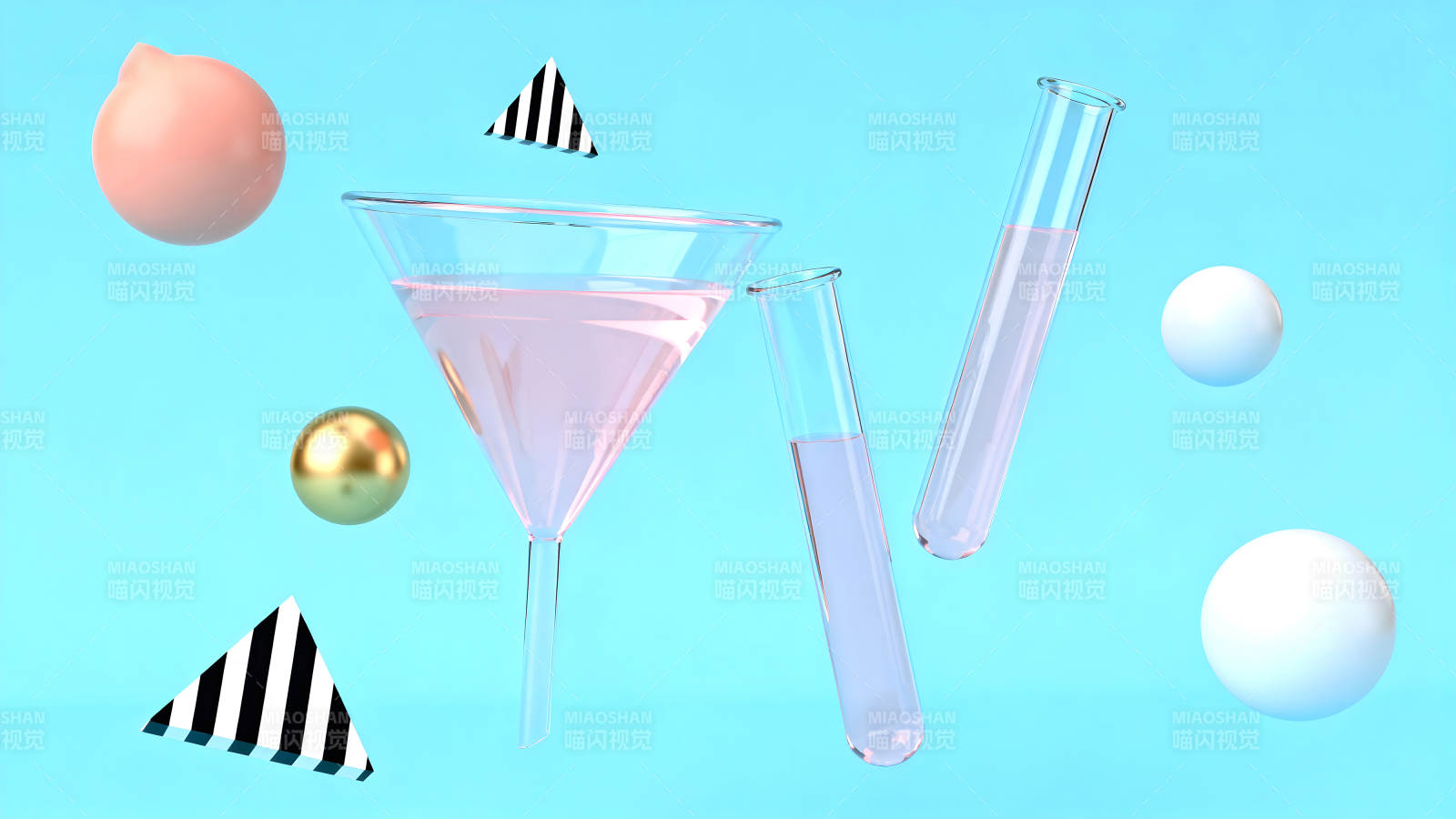 粉色液体玻璃器具及几何体图片