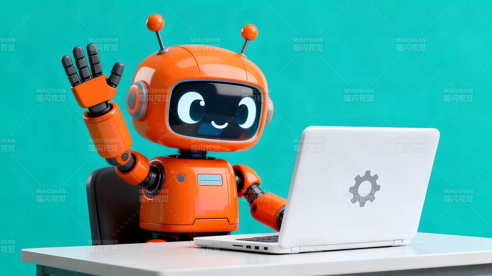 可爱机器人使用笔记本电脑工作图片