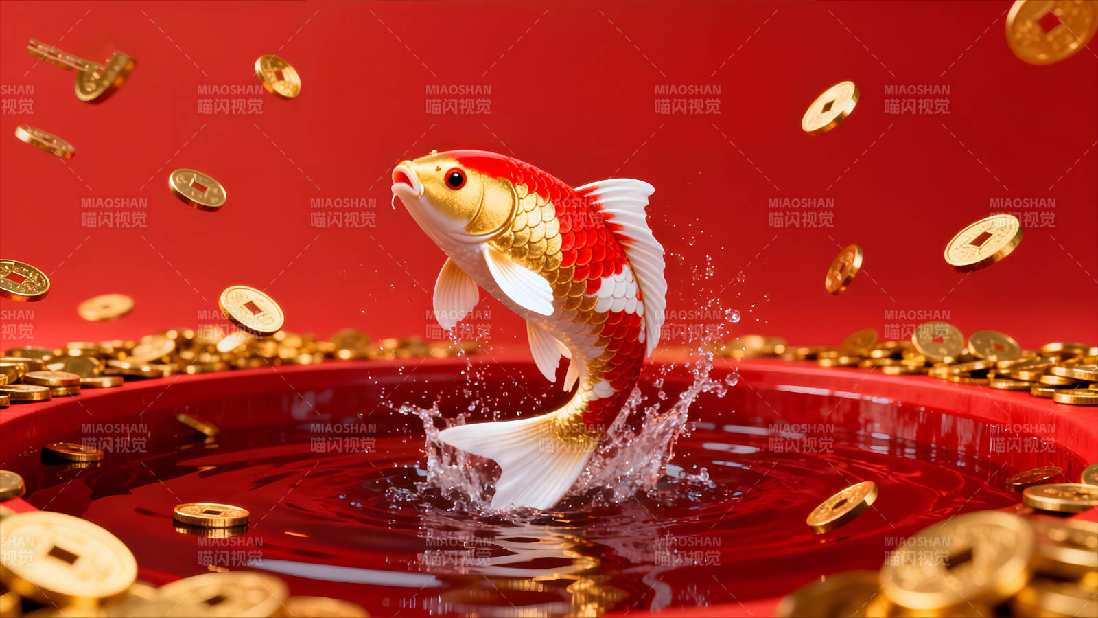 鲤鱼跃出水面硬币飞舞红背景图片