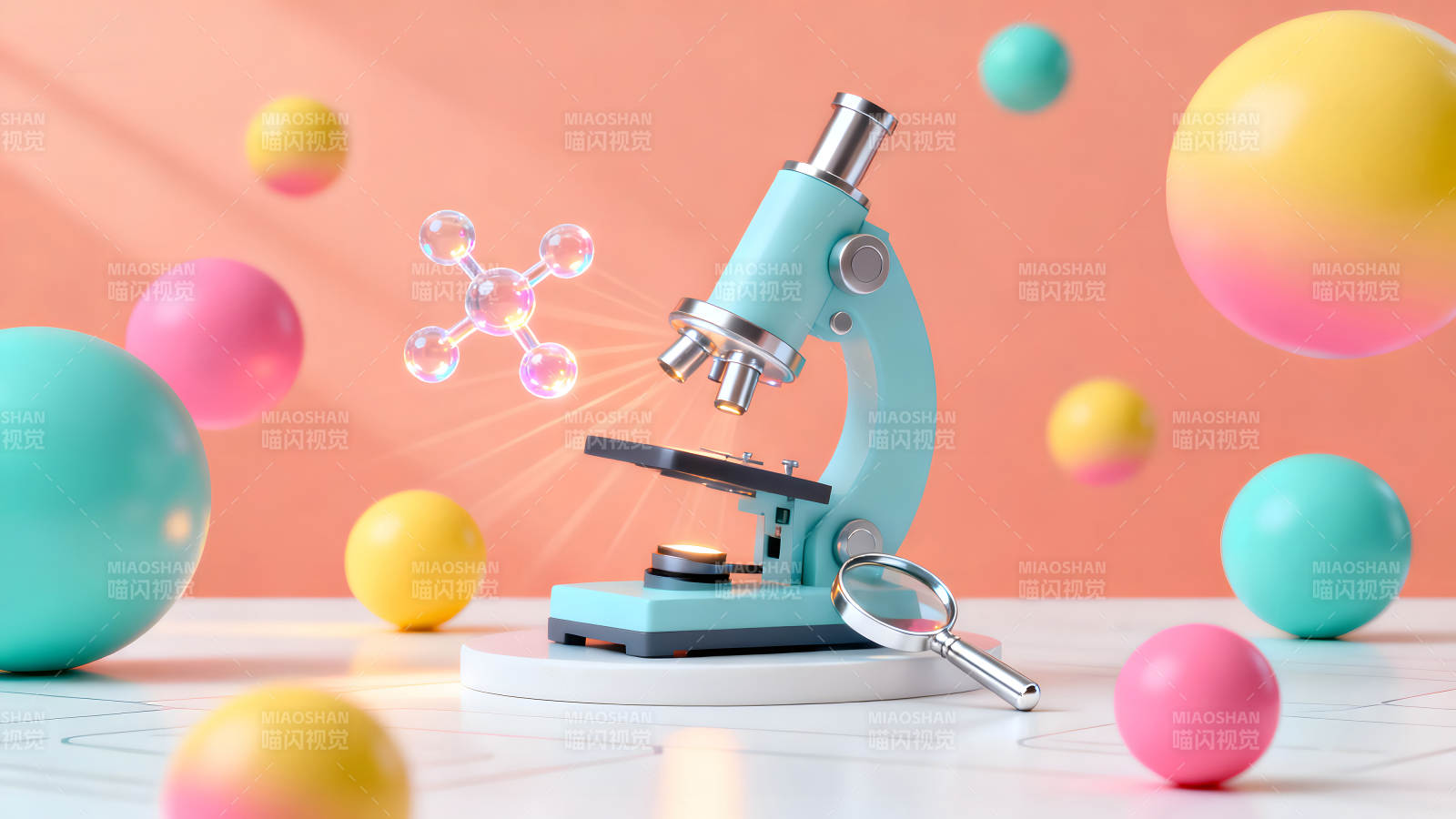 卡通显微镜与彩色球体的科学图像图片