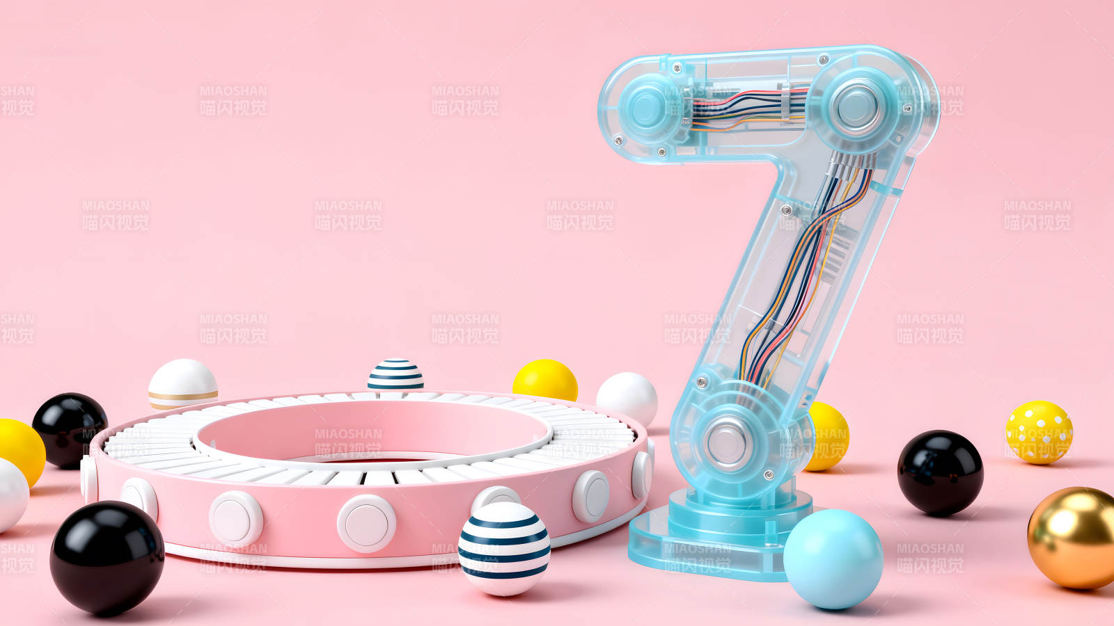 粉色背景下机械手臂与球体组合图片