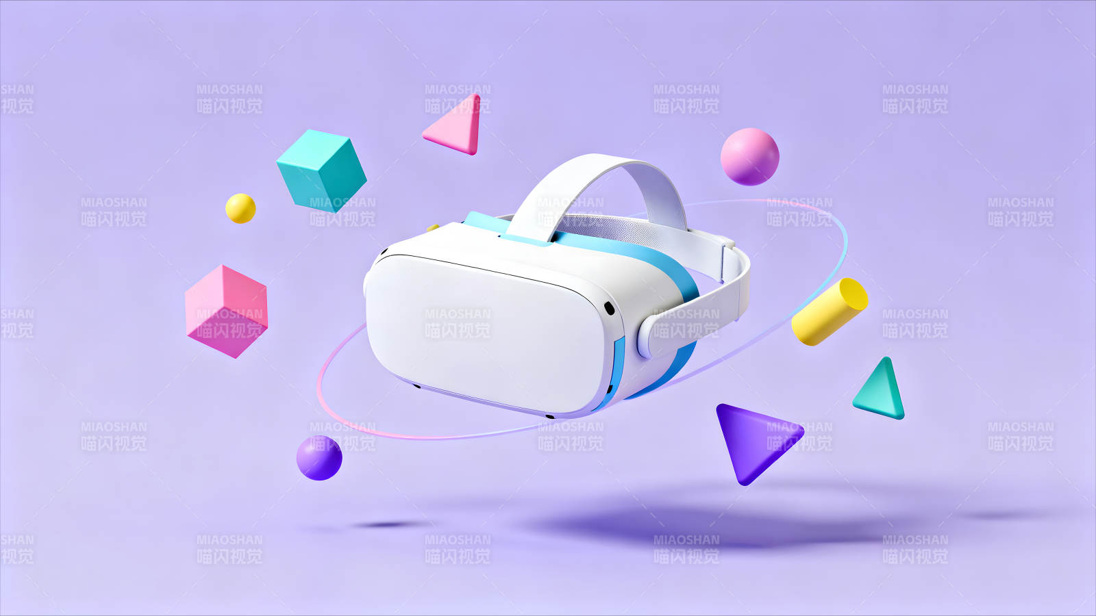 VR设备与几何图形悬浮于紫色背景上图片